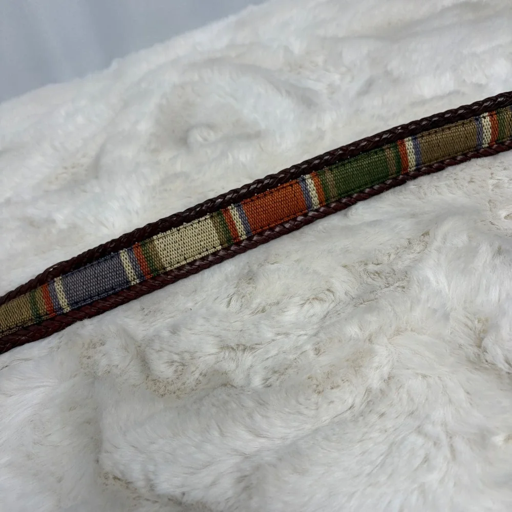 Brighton Mens 38 Braided Leather Striped Fabric Belt Brown Silver Buckle 67506